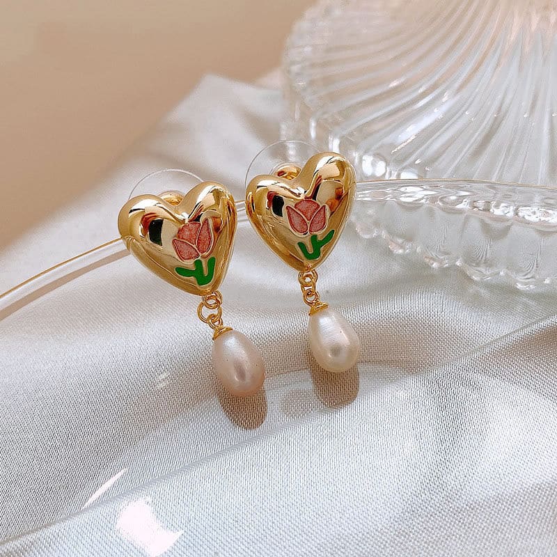 French Tulip Love-Heart Pearl Earrings MK18959 MK Kawaii Store